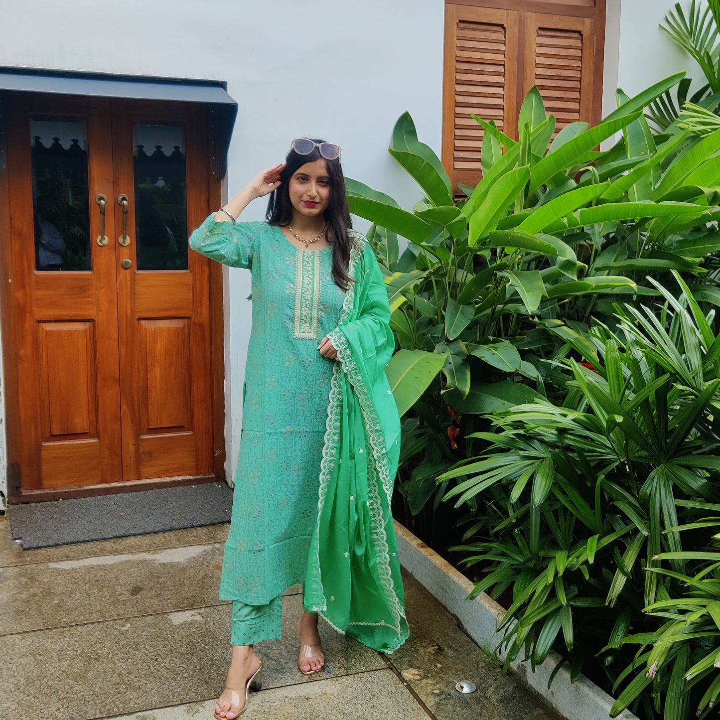 Green Cotton Kurti with Pant and Beautiful Embroidered Dupatta