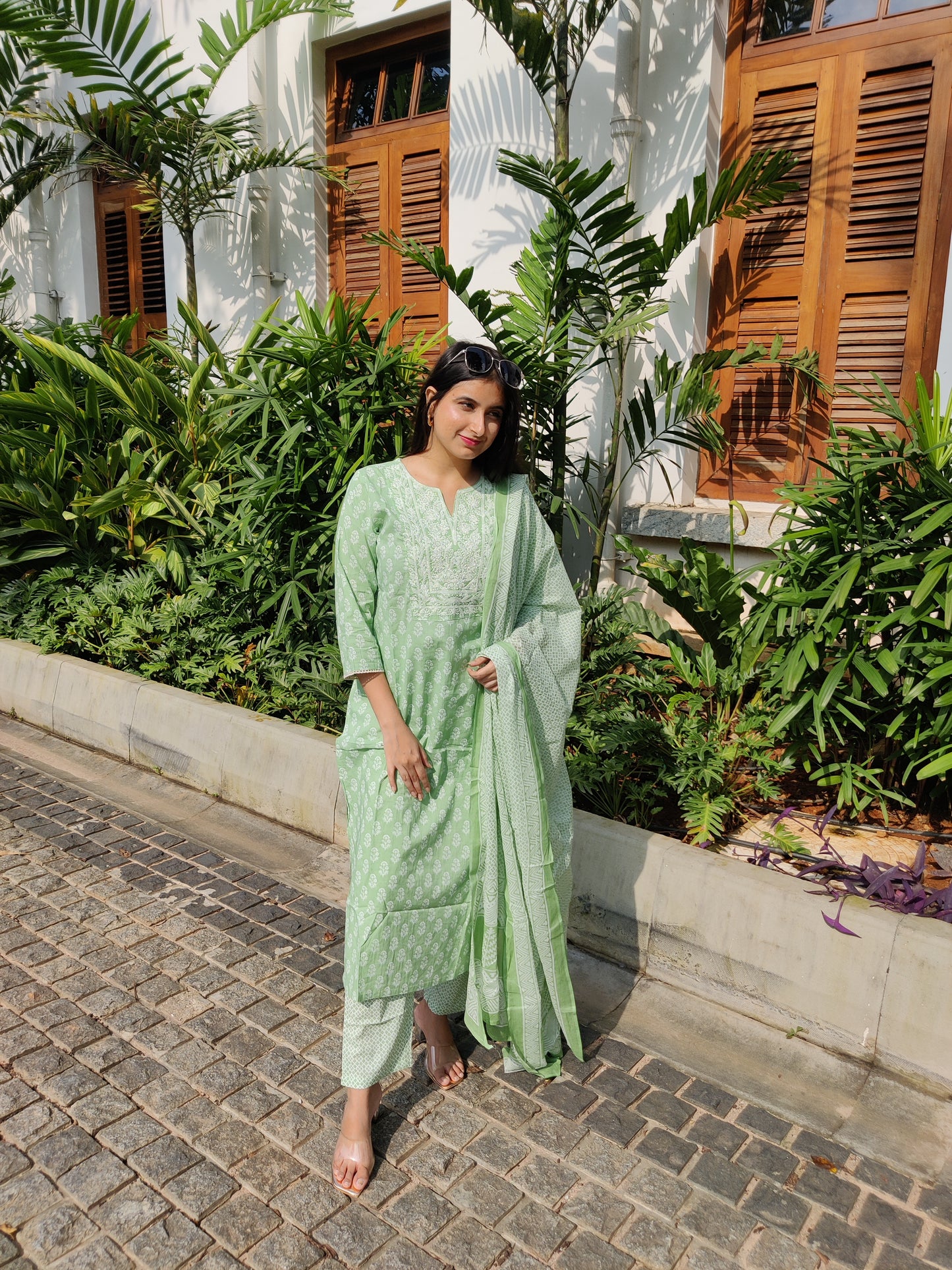 Green Cotton Embroidered Kurta with Pant and Dupatta
