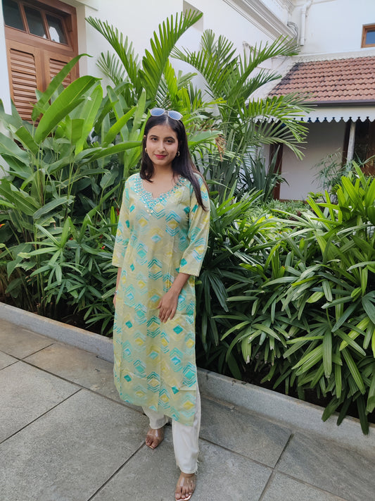 Green Cotton Hand Work Embroidered Premium Kurta