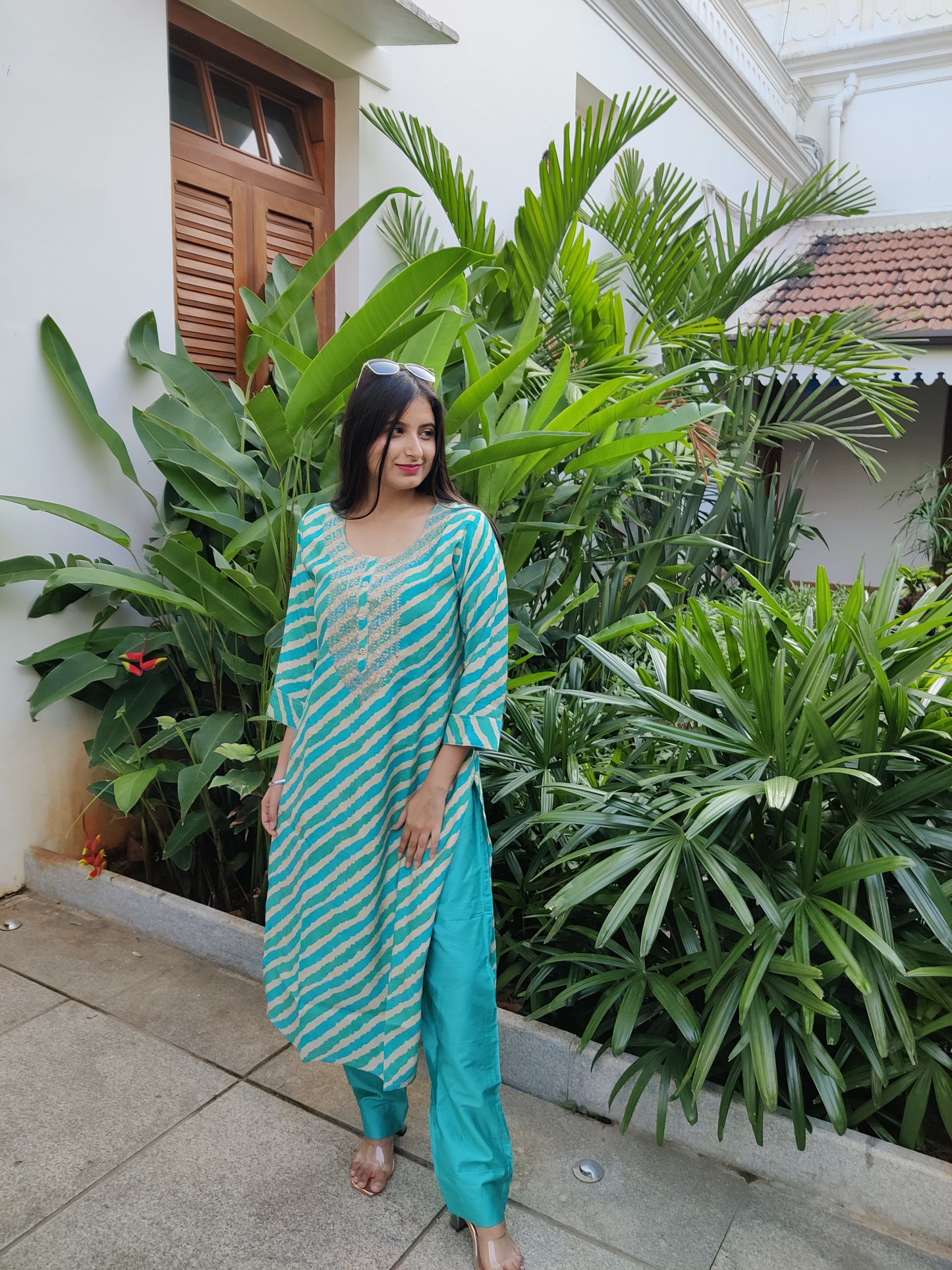 Green and Blue Lehariya Muslin Kurta with Pant and Dupatta