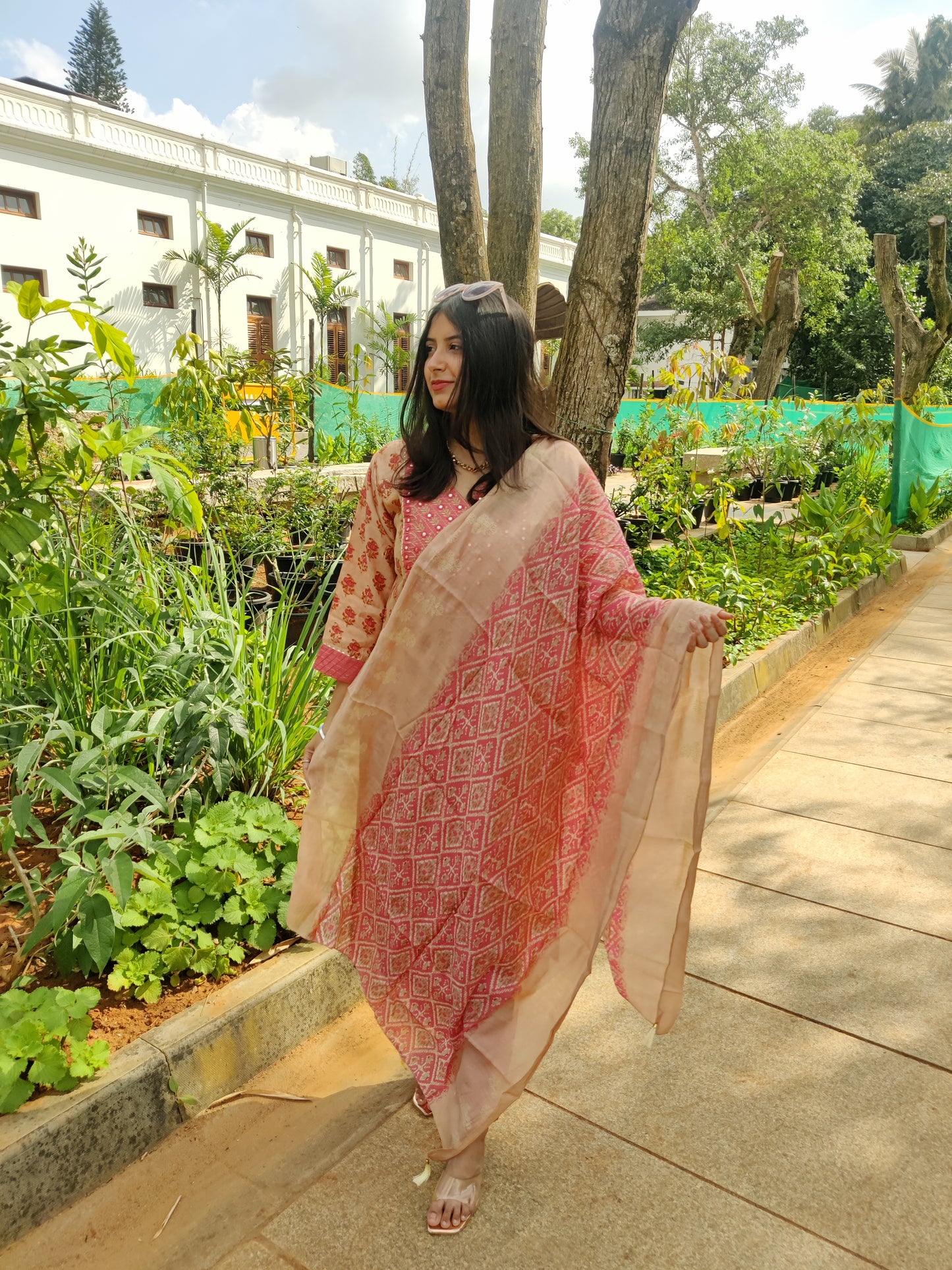 Peach Muslin Embroidered Kurta with Pant and Dupatta