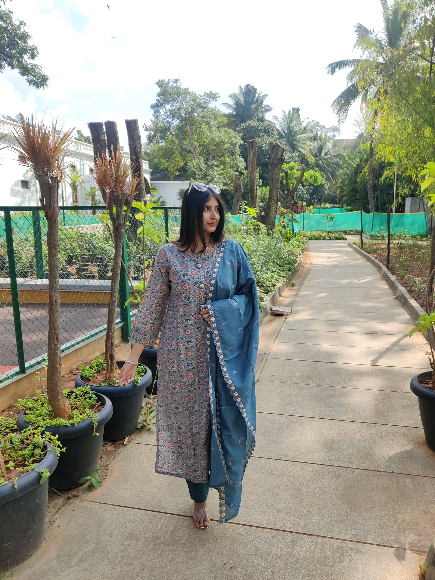 Greyish Blue Premium Muslin Kurta with Pant and Dupatta