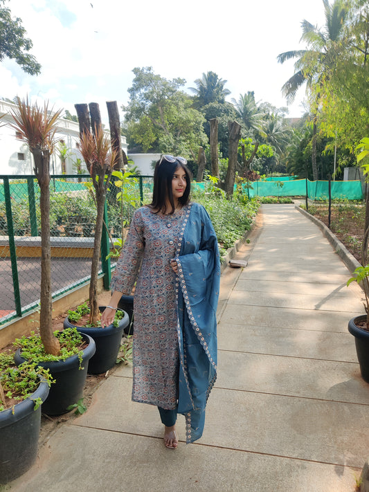 Greyish Blue Premium Muslin Kurta with Pant and Dupatta