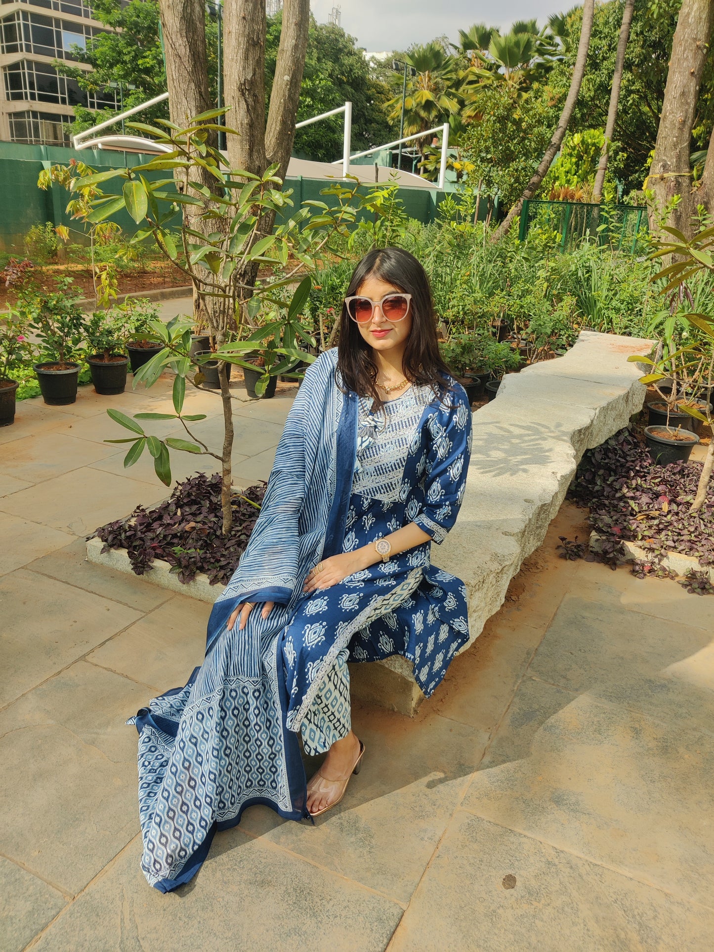 Blue Sequin Embroidered Kurti with Pant and Dupatta