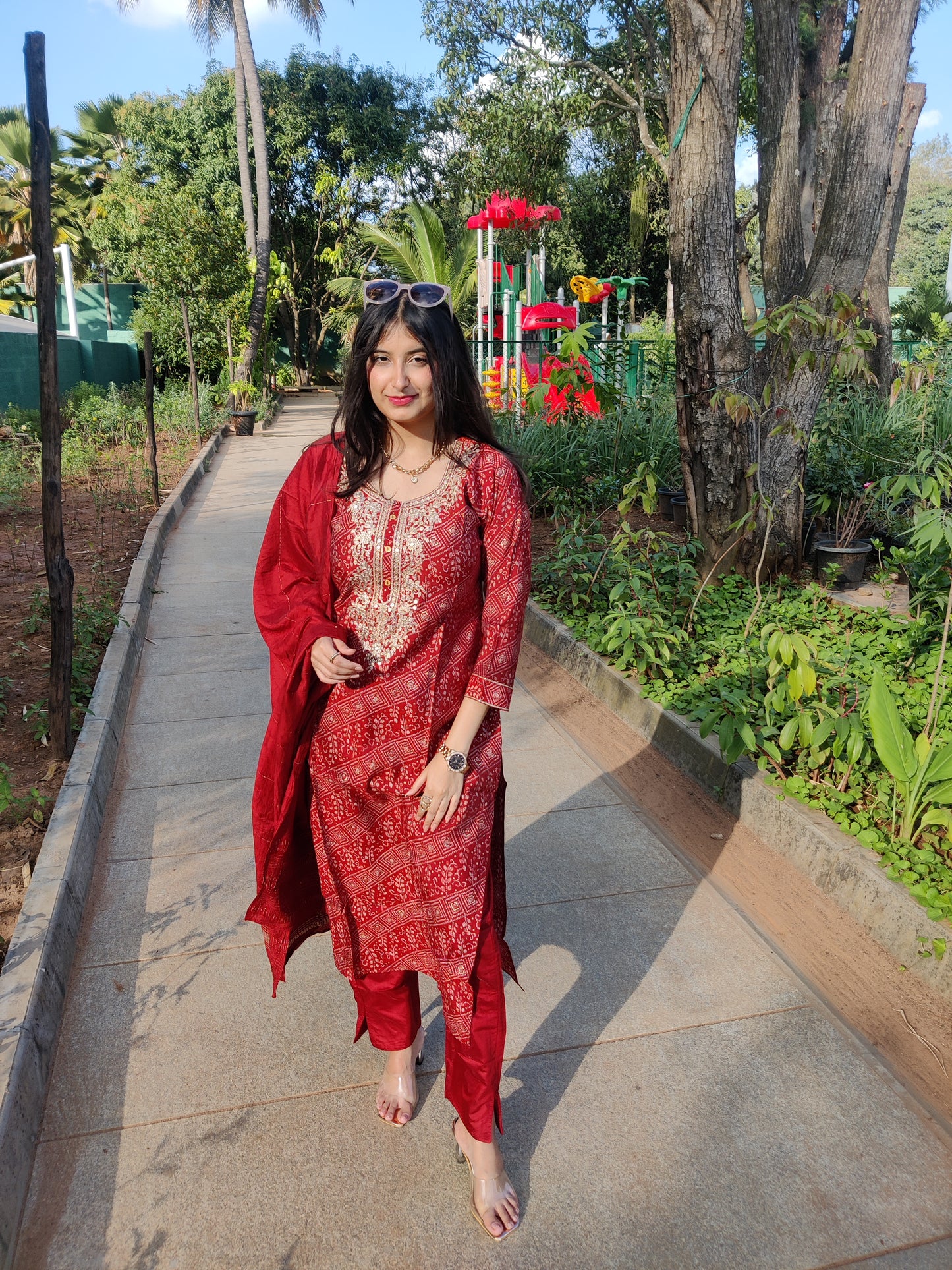 Red Muslin Heavy Embroidery Kurta with Pant and Dupatta
