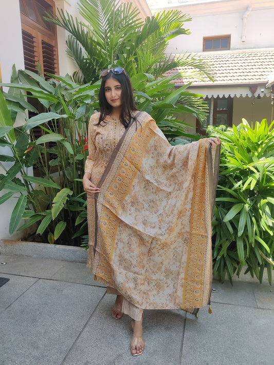 Yellow Muslin Naira Cut Kurta with Pant and Dupatta