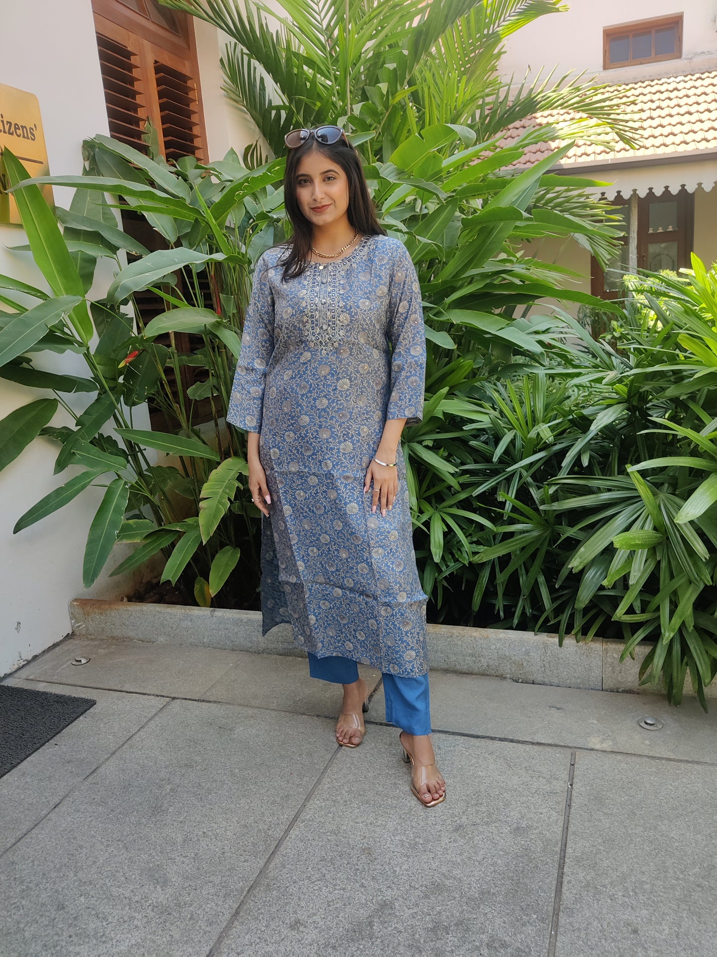 Blue Muslin Embroidered Kurta with Pant and Dupatta